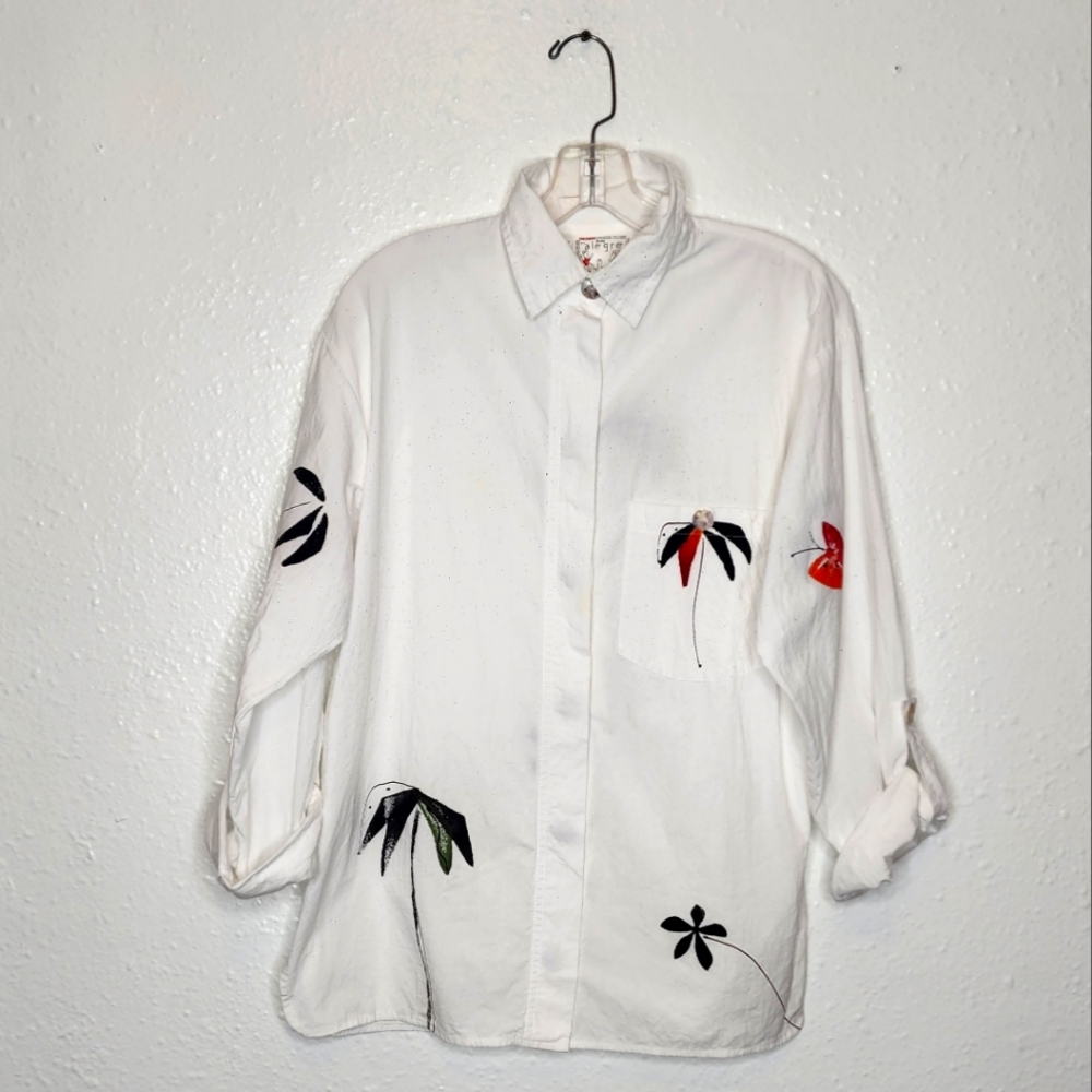 Vintage Play Alegre White Cotton Hand Painted Colorful Jacket Womens Size S